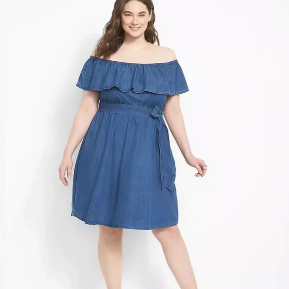 LANE BRYANT CONVERTIBLE OFF THE SHOULDER CHAMBRAY FIT & FLARE DRESS SZ 14/16 - Picture 1 of 9